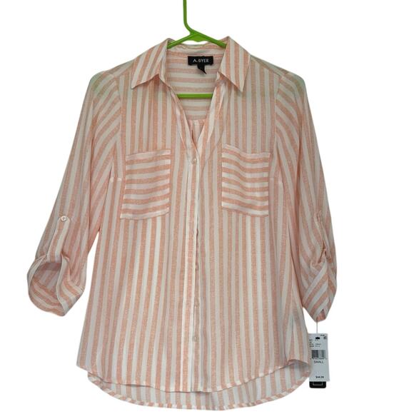 A Byer White & Peach Stripe Blouse Size S NWT roll Tab Sleeve - Picture 1 of 8